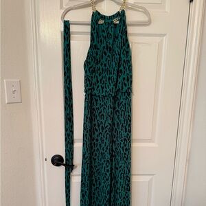 Green Leopard Print romper with Gold Chain high neck matching belt holiday vaca
